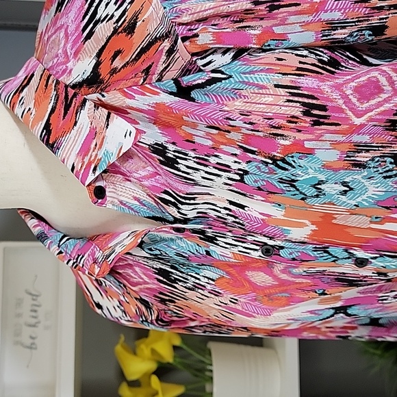 Pleione Button Down Long Sleeve Colorful Blouse Pink Blue - Picture 3 of 8